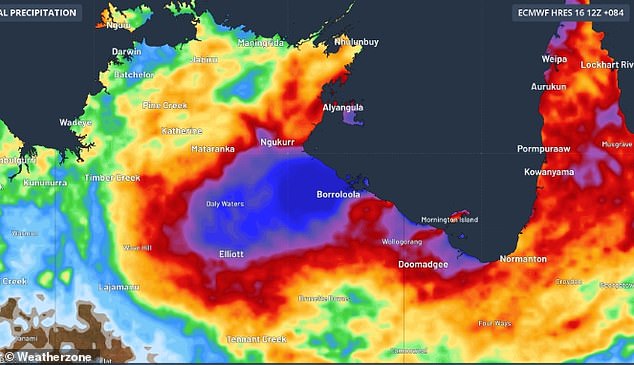 Pictured is rainfall forecast for Wednesday as Cyclone Megan wreaks havoc