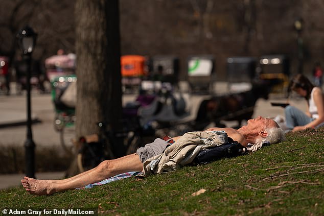 New York City is set to see a morning low of 35 degrees Tuesday morning after a week of spring-like warmth. Pictured: People enjoy the warm weather in Central Park on Thursday