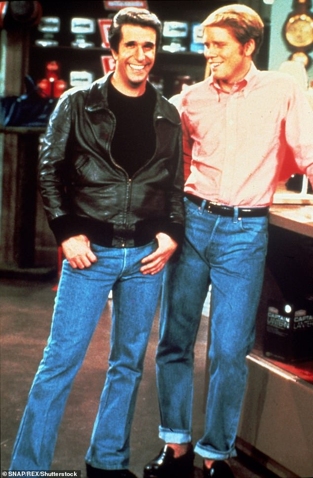 Ron also found fame in his 20s playing Richie Cunningham on the hit ABC sitcom Happy Days (1974-1980); he is pictured with co-star Henry Winkler, who played The Fonz