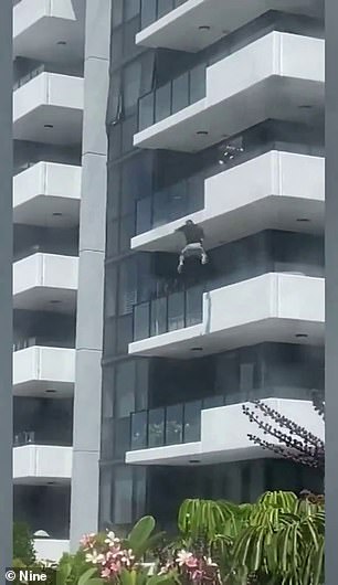 The man jumped off the balcony and threw himself into the complex's pool before fleeing on foot