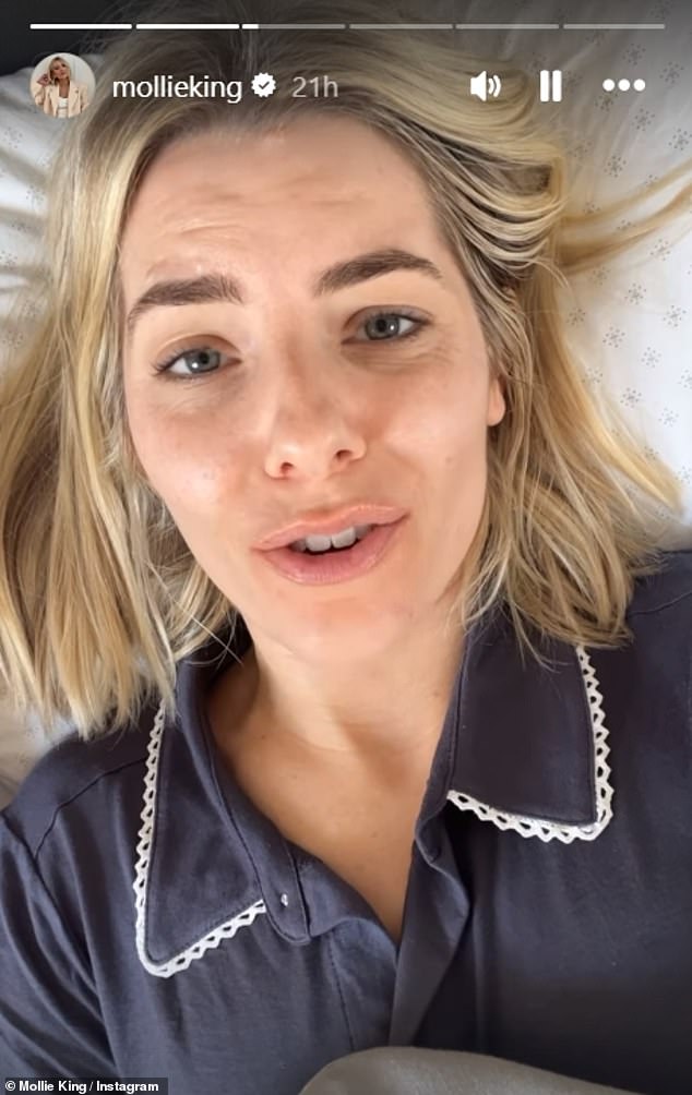 She showed off her natural beauty while wearing a pair of navy pajamas as she admitted it's 'weird to wake up and not have pure panic and dread' about the day ahead