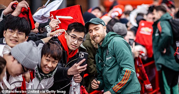 MANCHESTER, ENGLAND - MARCH 17: Christian Eriksen of Manchester United arrives before the Emirates FA Cup Quarter Final match between Manchester United and Liverpool at Old Trafford on March 17, 2024 in Manchester, England.  (Photo by Ash Donelon/Manchester United via Getty Images)