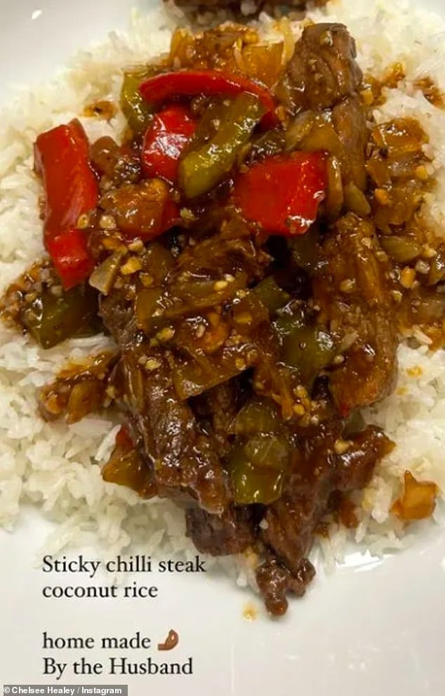 She shared the photo of the plate of food and wrote: 'Sticky chilli steak coconut rice homemade by the man'