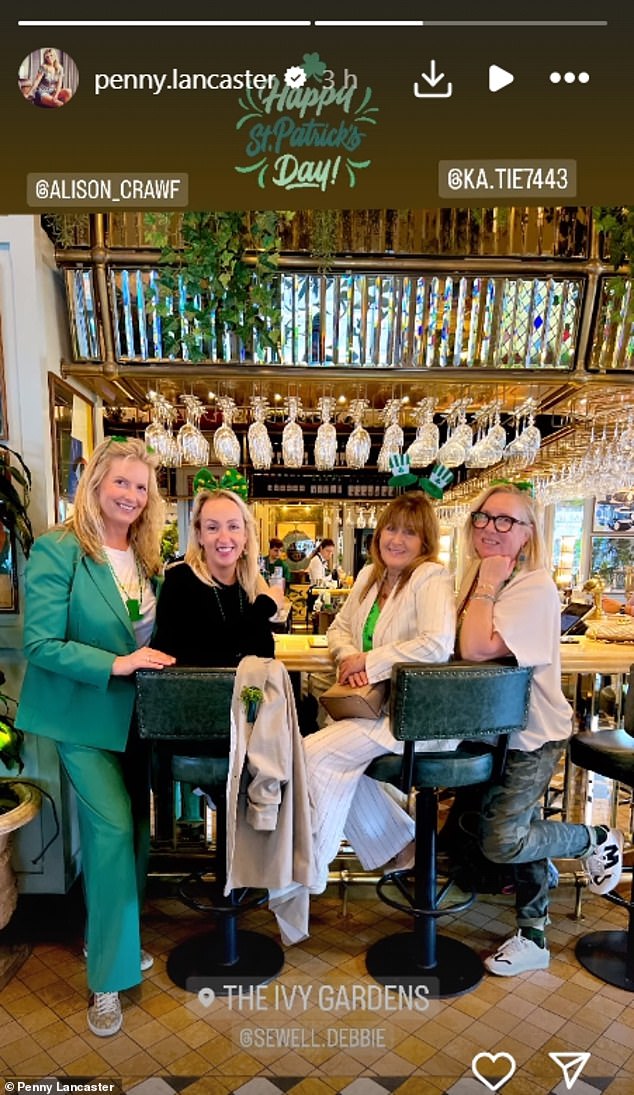 Penny Lancaster cut a stylish figure in a green suit as she celebrated St Patrick's Day at The Ivy with some girl friends