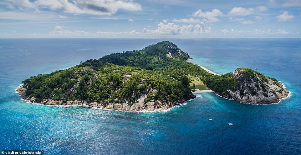 The North Island, pictured, in the Seychelles, is available to rent as a holiday rental and offers 11 guest houses on 500 acres of land with pristine beaches and tropical palm forests.