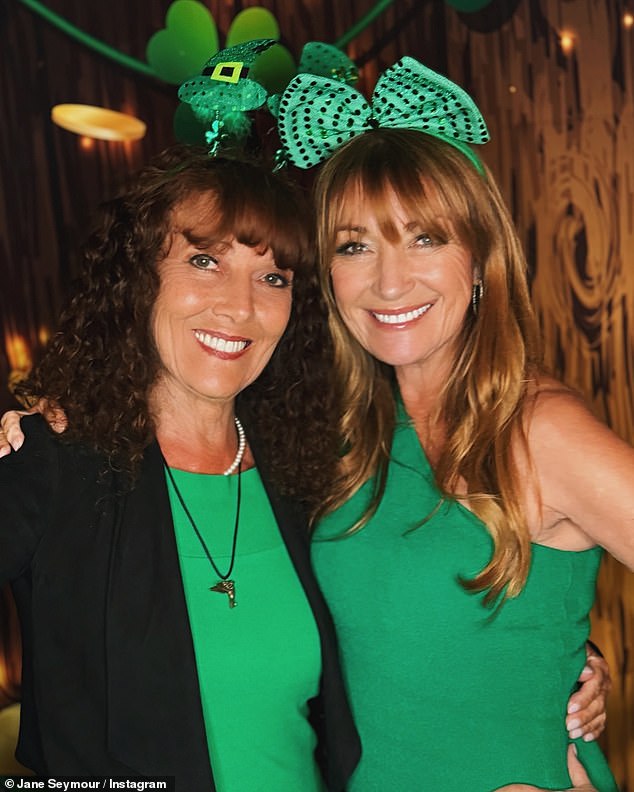 Jane Seymour, 73, shared a photo from an Irish pub with her friend Sally Frankenberg. 'Top of the morning¿ and a happy #StPatricksDay to you!' 'I wish you a day filled with luck, laughter and maybe just a little bit of mischief!'