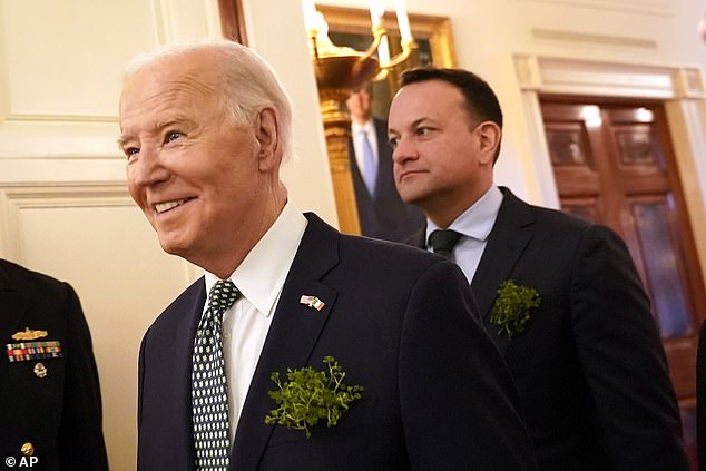 Biden invited Irish Prime Minister Leo Varadkar (right), leaders of the Catholic Church and about 200 guests to celebrate the holiday