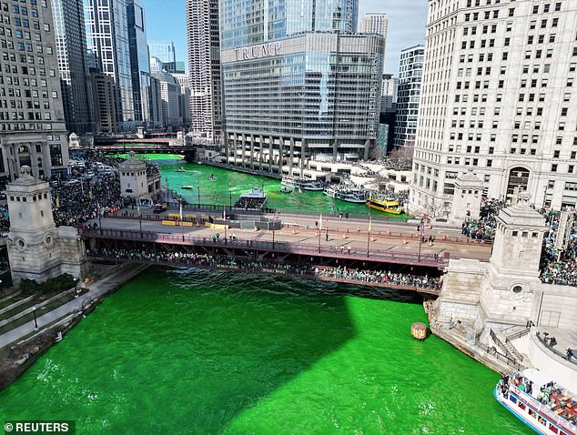 In Chicago, thousands of people gathered along the Chicago River to watch local plumbers union boats turn the water green