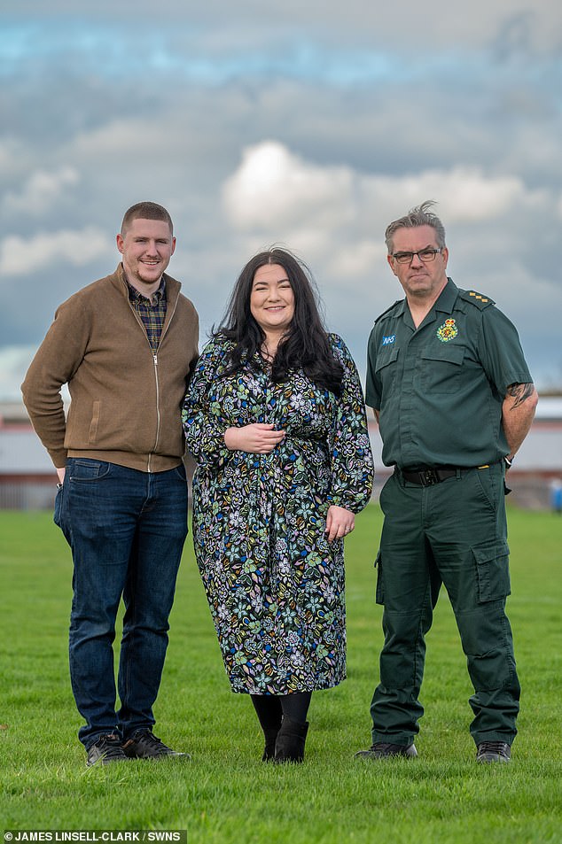 Both survived when another 999 crew came to the rescue and have now been reunited to highlight the importance of learning CPR. Pictured with Daisy's husband Eammon (left)