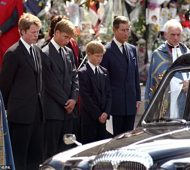 Earl Spencer (left), Prince William, Prince Harry and the Prince of Wales wait as the hearse carrying the coffin of Diana, Princess of Wales, prepares to leave Westminster Abbey in 1997.