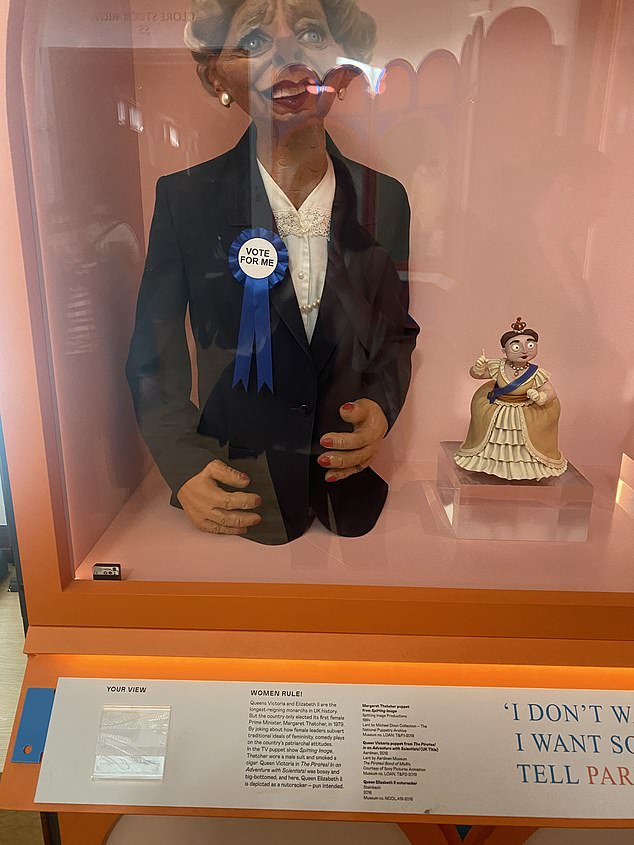 A puppet of Baroness Thatcher from the satirical TV show Spitting Image (pictured) is also included in the comedy exhibition at the London museum whose director is former Labor MP Tristram Hunt.