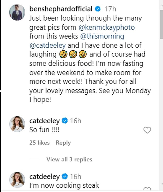 Ben shared a sweet tribute to Cat and his first week as part of the This Morning family with a post on Saturday, admitting he was trying to stay healthy after a week of eating on the popular morning show.