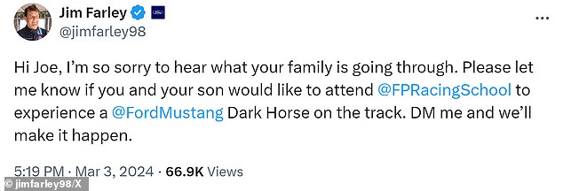 Joe Sr's tweet and photo of his son behind the wheel of the 2020 Mustang racked up 14 million views on X and caught the attention of Ford CEO Jim Farley.