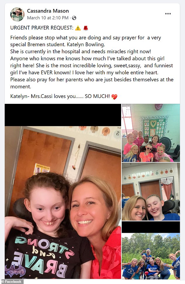Katelyn is seen in various photos, including several with her teacher Cassandra Mason
