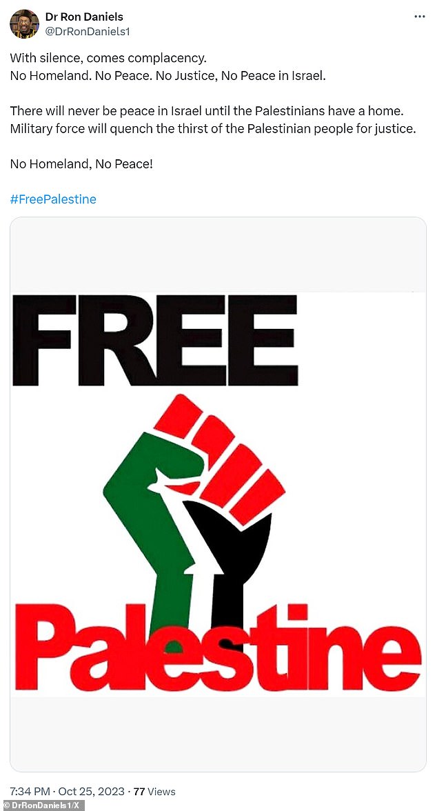 Daniels tweeted his support for Palestine days after the October 7 attack on Israel.