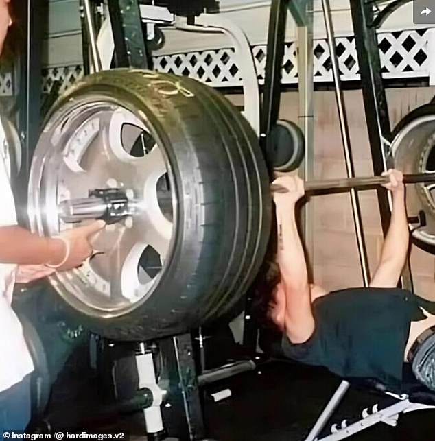 It appears this man was short on weight and had to improvise by using two car tires weighing between 20 and 25 pounds.