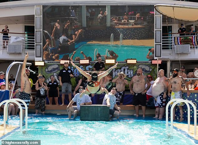 High Seas Rally is a cruise aimed at members of the cycling community.  Above is a “belly flop” contest from a previous cruise.