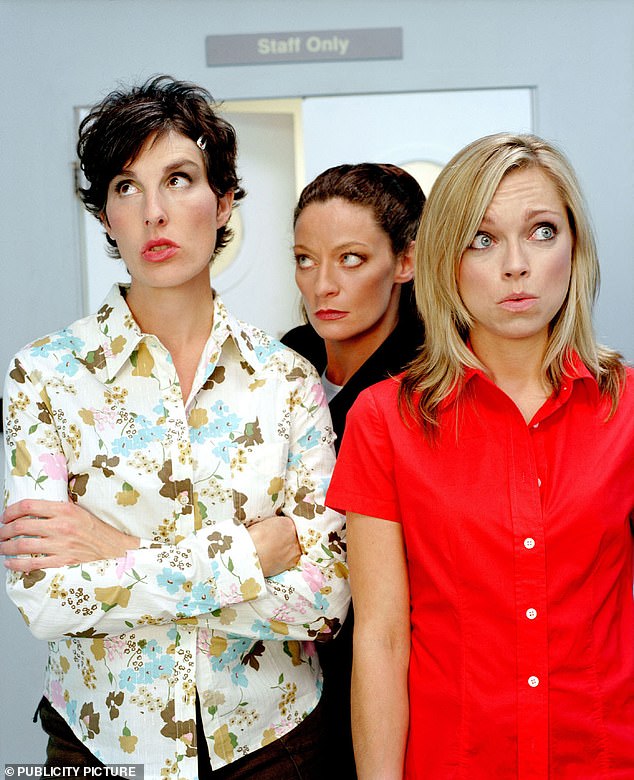 Sarah (right) pictured in Green Wing with Tamsin Greig (left) and Michelle Gomez (center) in 2004