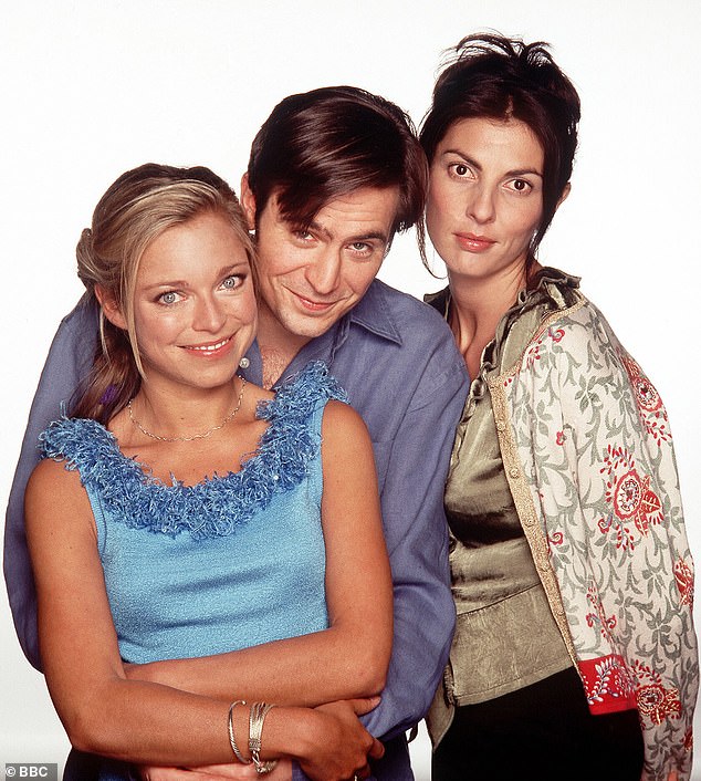 Sarah (left) pictured in Coupling with Jack Davenport (center) and Gina Bellman (right)
