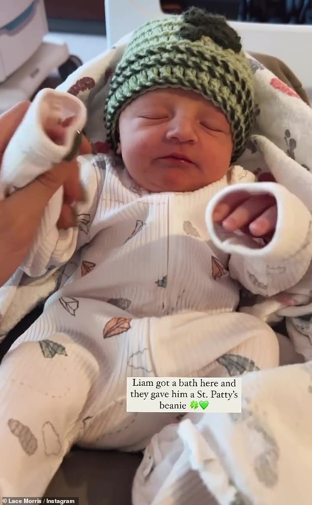 Morris then shared a video of her baby boy relaxing on her lap while she lay in a hospital bed on her Instagram Story on Sunday.