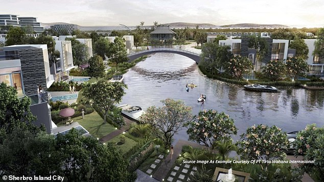 An artist's rendering shows pristine lawns and residential buildings in the futuristic city