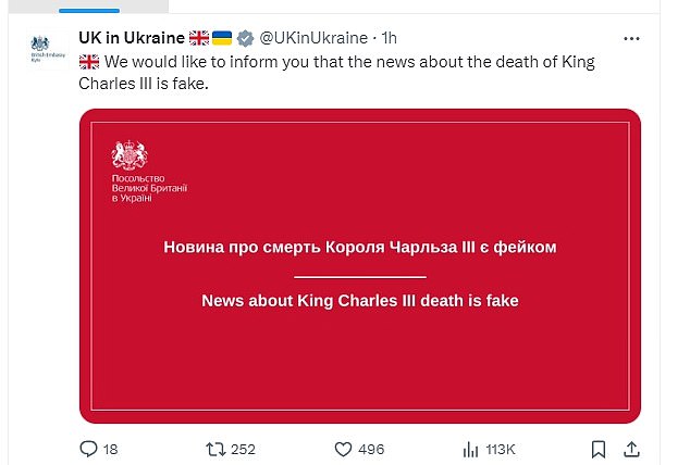 The British Embassy in Ukraine also released an official statement confirming that King Charles III is still alive after Russian media claimed he was dead.