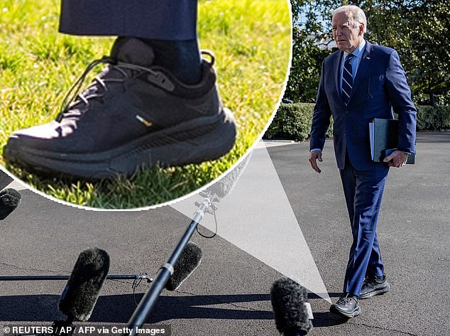 President Joe Biden steps off Marine One upon arriving at the White House last month to speak with reporters – donning his Hoka sneakers.