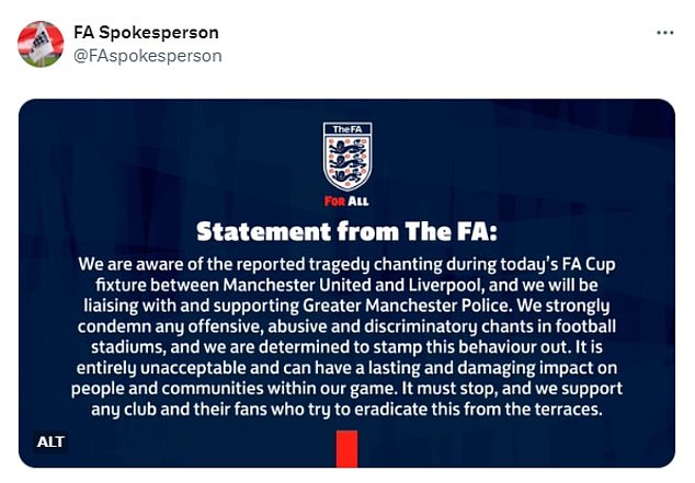 The FA has issued a statement condemning reported tragic chants during the FA Cup clash.