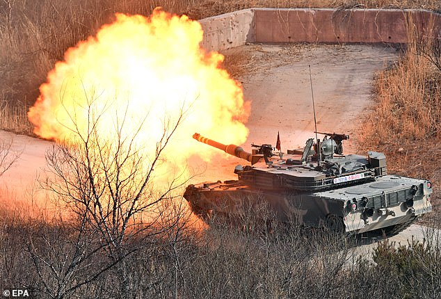A South Korean K1A2 tank fires during a joint live-fire exercise as part of the annual Freedom Shield joint military exercise between South Korea and the United States at a military training ground in Pocheon, Korea from South.
