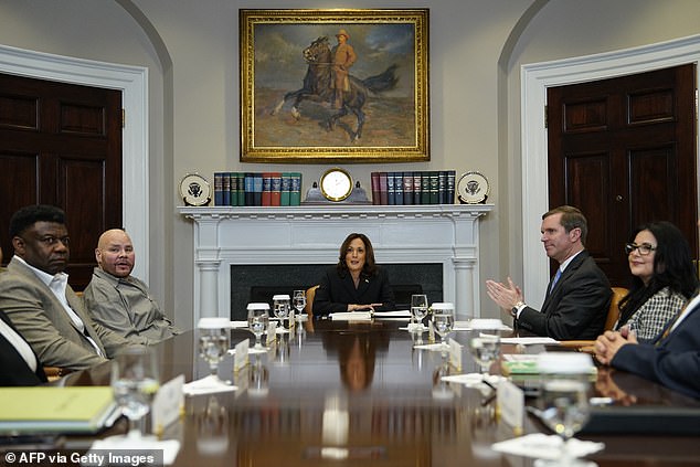 Flanked by American musician Fat Joe (left) and Kentucky Governor Andy Beshear (right), US Vice President Kamala Harris (center) speaks during a roundtable discussion on marijuana reform.