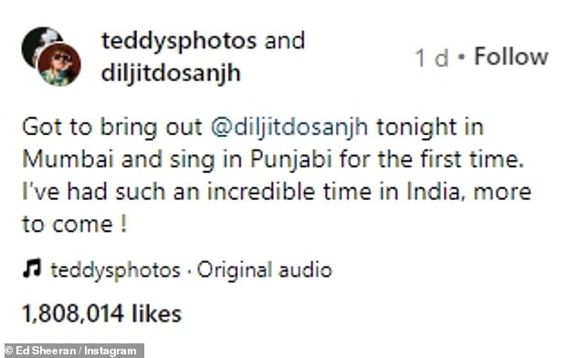 Ed wrote: “I have to take Diljit Dosanjh out to Mumbai tonight and sing in Punjabi for the first time.  I had such an amazing time in India, more to come!'