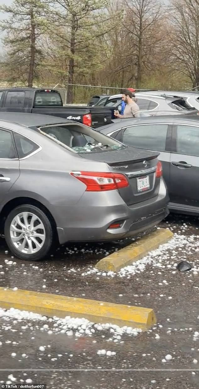 In a TikTok posted by user DoItForFun007 (@doitforfun007), the user and his colleagues go to their office parking lot to assess the hail damage to their cars.