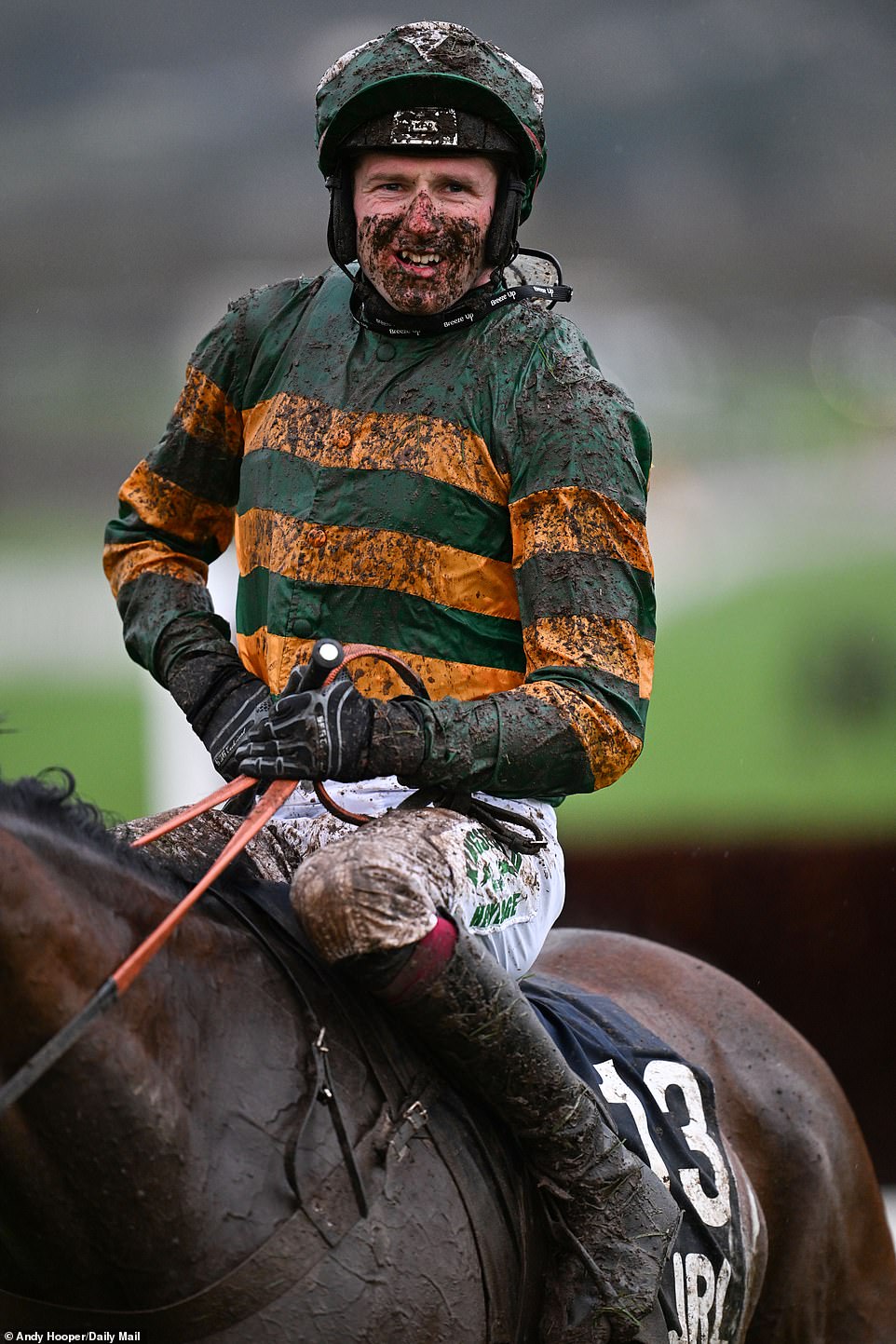 Declan Lavery, who rode A Wave Of The Sea in the amateur jockeys' handicap race, was left covered in mud after the race.