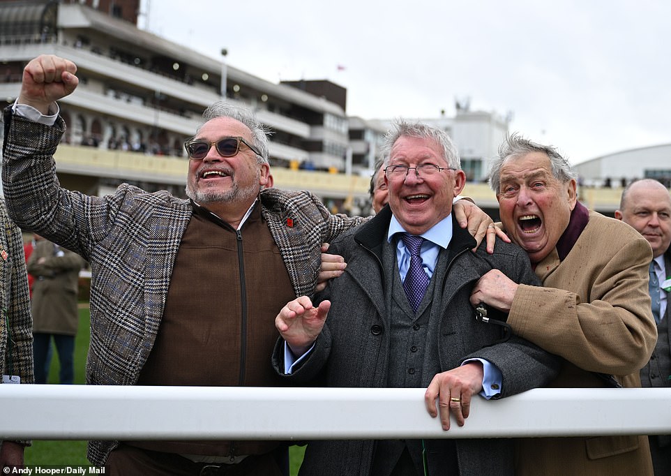 Legendary Man United boss Sir Alex Ferguson (centre) celebrates the second of his race victories on Thursday afternoon.