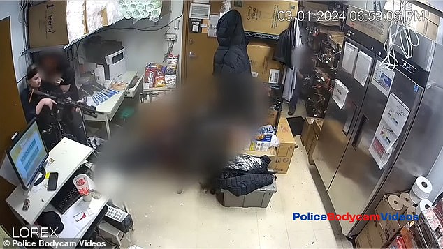 Footage from both viewpoints then cuts away due to its graphic nature, but within seconds the suspect is seen lying on the floor of the back office.