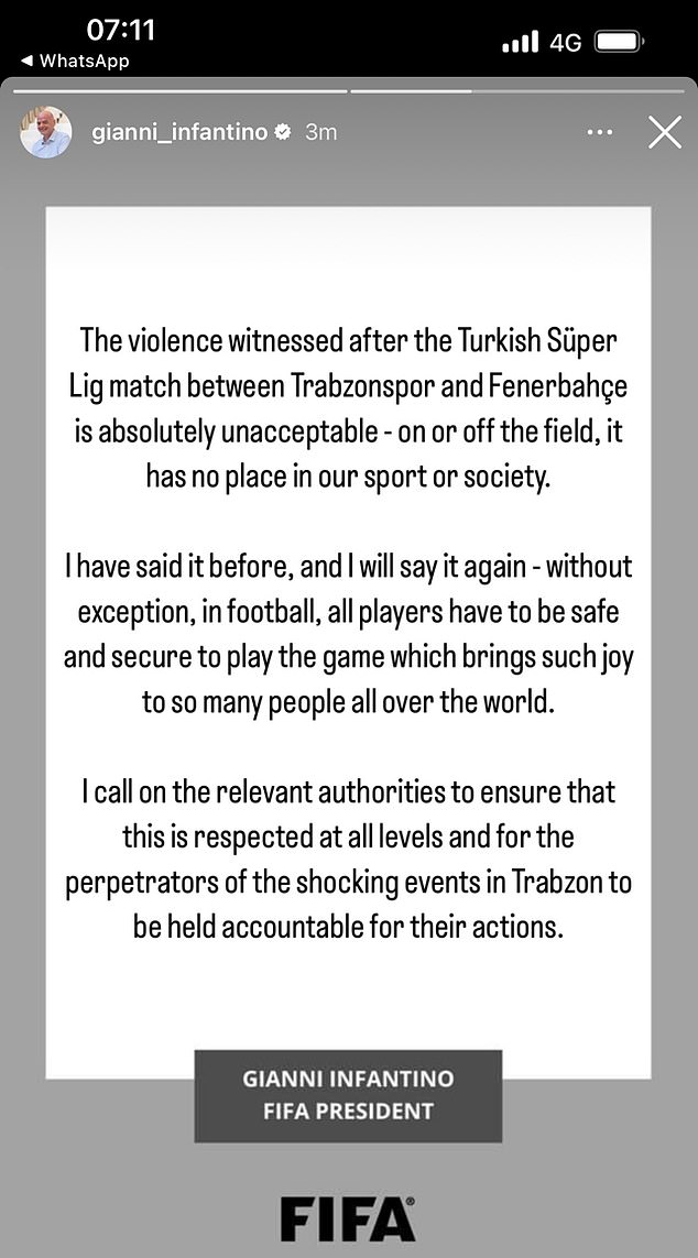 FIFA President Gianni Infantino condemned the behavior of Trabzonspor fans