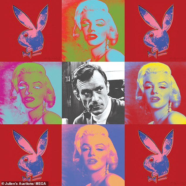 The red paintwork is adorned with square emblems of Monroe's face and the Playboy Bunny icon, with a young Hefner depicted in the center.