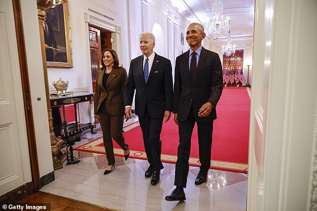Obama appearing with Biden and Vice President Harris at the White House in 2022