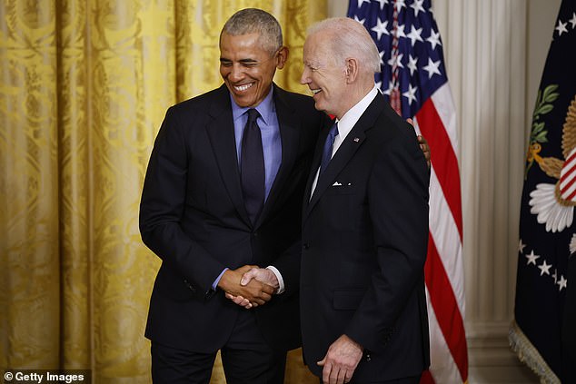 Obama and Biden at the White House in April 2022 for an event marking the passage of the Affordable Care Act
