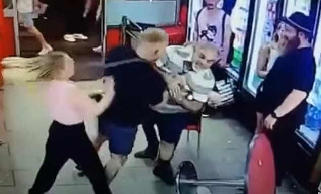 Haynes (left) and Jenkins (second from left) were captured on CCTV throwing chairs and shoving customers in Falafel House, on Hindley Street in Adelaide.