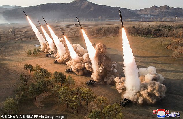 North Korea's Western Region Artillery Unit ultra-large rocket salvo firing exercise, at an unconfirmed location in North Korea