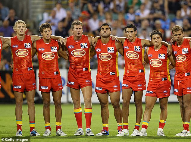 When the Suns played their first game against Carlton in 2011, their guernsey was much yellower with a bolder team logo and a list of names from the inaugural team.