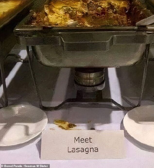 This hilarious label on a buffet was probably meant to explain to customers that it was made of meat.  But instead of rejecting vegetables, the brand seemed to introduce gourmets to the carby dish.