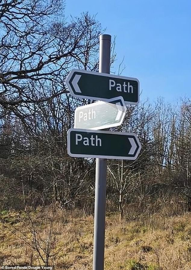 Paths galore! This British road sign humorously showed hikers different paths, except it created confusion when there were three separate signs going in three separate directions.