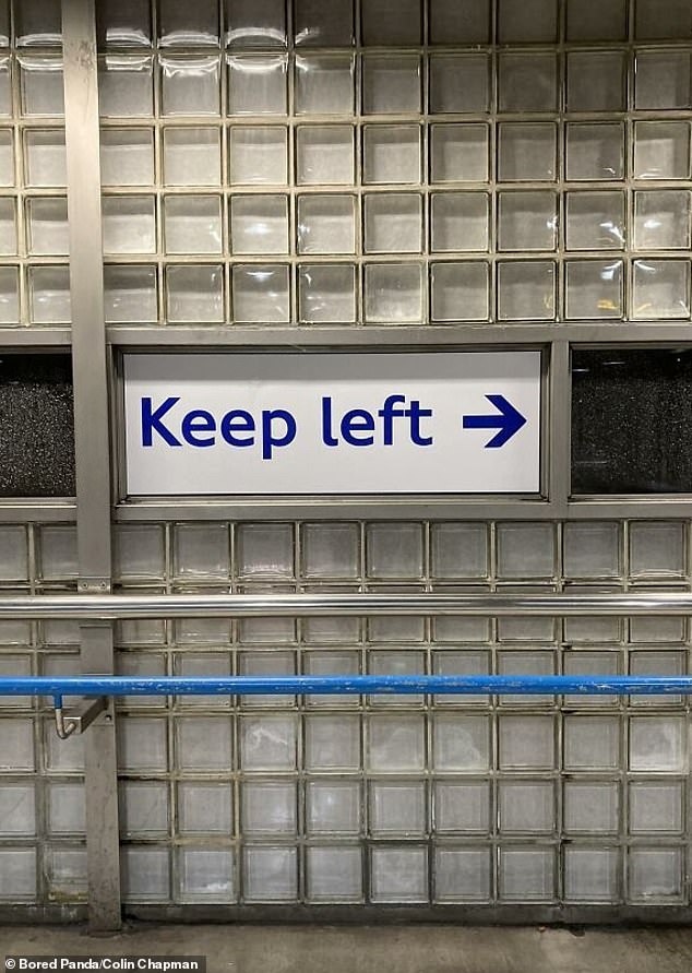 Londoners will be used to seeing tube signs, but most commuters don't bat an eyelid with the markings, apart from this one which tells people to move to the left while pointing to the right.