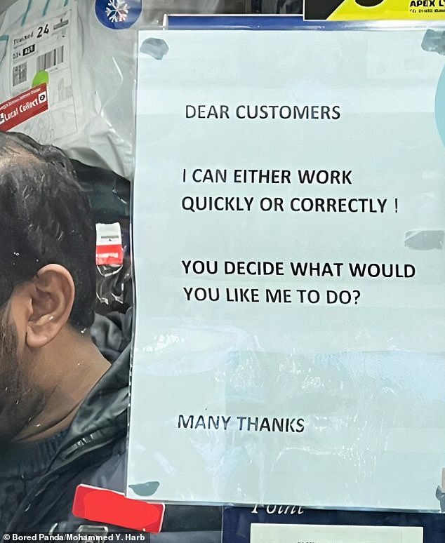 An angry shop owner proudly hung this white A4 sheet on the glass display to remind customers that expecting fast service would have a negative effect on quality.