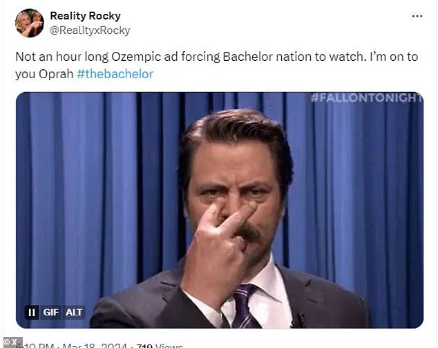 @RealityxRocky added: “Not an hour of Ozempic commercial forcing Bachelor Nation to watch. I'm counting on you Oprah #thebachelor'