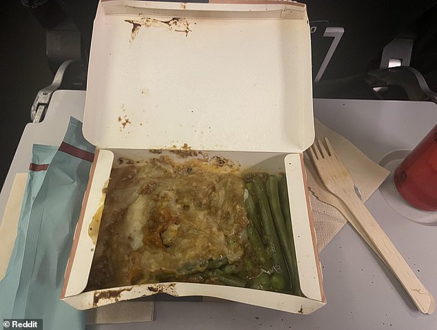 Other social media users have shared bad experiences with Qantas food (pictured: a meal believed to be shepherd's pie)