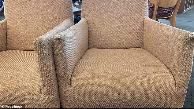 Another disgruntled high-flyer shared photos of 'absolutely disgusting' frayed and stained seats at the Sydney International Business Lounge (pictured)