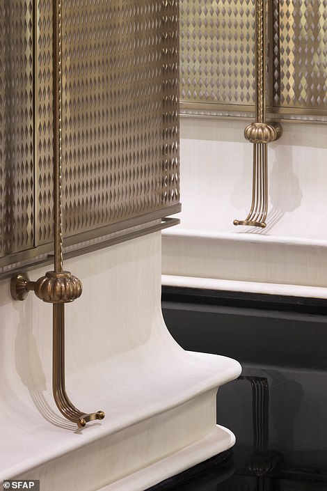 Natural wood veneer in the toilet area is designed to complement the champagne-gold grills
